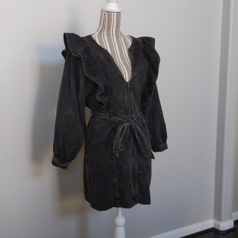 XS Free People Imogene Black Denim Ruffle Long Sleeve Mini Dress